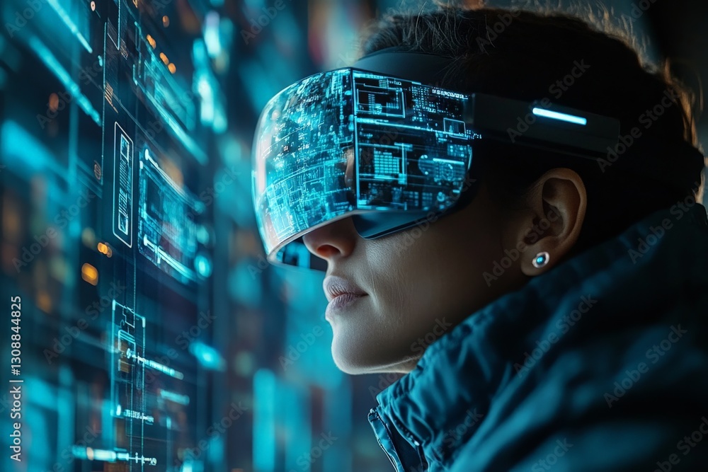 Aufkleber immersive experience in virtual reality technology with a user engaging with digital displays and ho