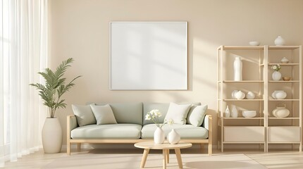 Fototapeta premium Minimalist Living Room Interior: Light Wood Furniture, Green Sofa, Plant, Blank Canvas, Natural Light, Modern Home Decor