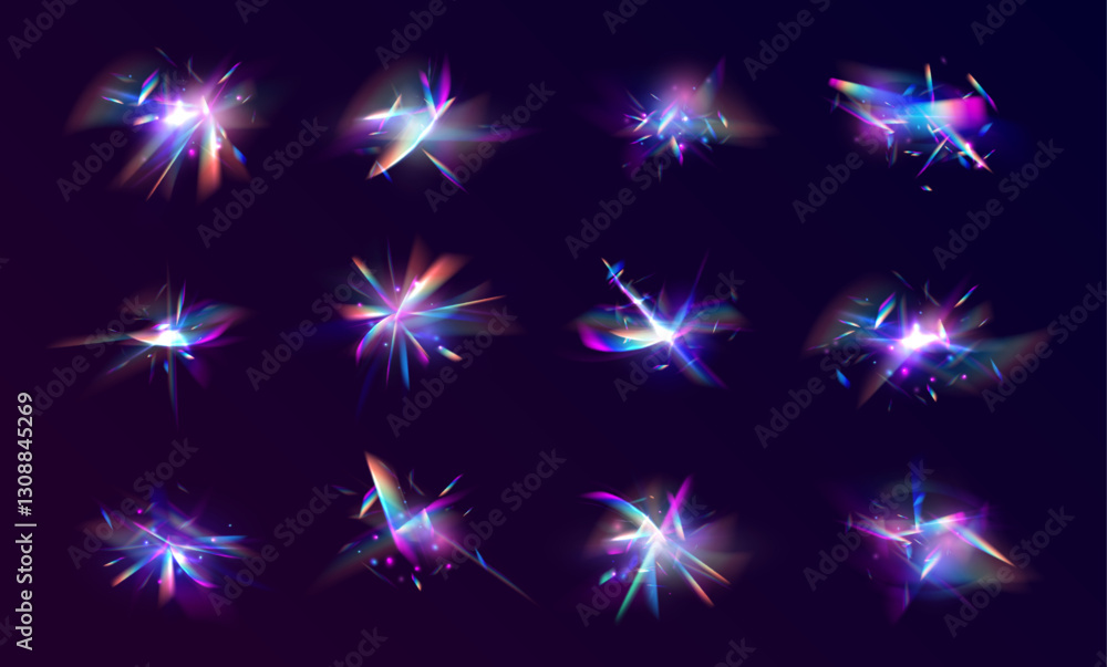Leinwandbilder set rainbow crystal light leak flare reflection effect. defocused abstract retro film analog effect 