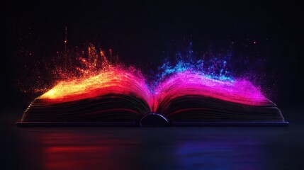 Open book with vibrant, glowing, magical energy