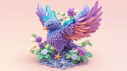 Obraz premium Pastel bird spring flowers digital art, pink background, nature illustration