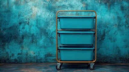 Three-tiered mobile storage unit in teal blue