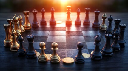 Chess pieces arranged in a circle on a chessboard, bathed in warm sunlight