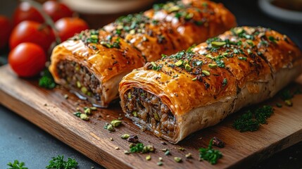 Three flaky pastries filled with savory ingredients, garnished with pistachios and herbs