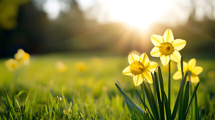 A perfect spring day with daffodils blooming in the meadow, their yellow petals shining brightly in the sunlight.