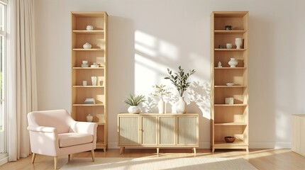 Modern Living Room Interior: Light Wood Bookcases, Rattan Cabinet, Pink Armchair & Minimalist Decor in Bright Sunlight