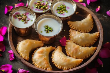 Golden Crispy Gujiya with Khoya Filling on Festive Holi Setup with Colors and Thandai