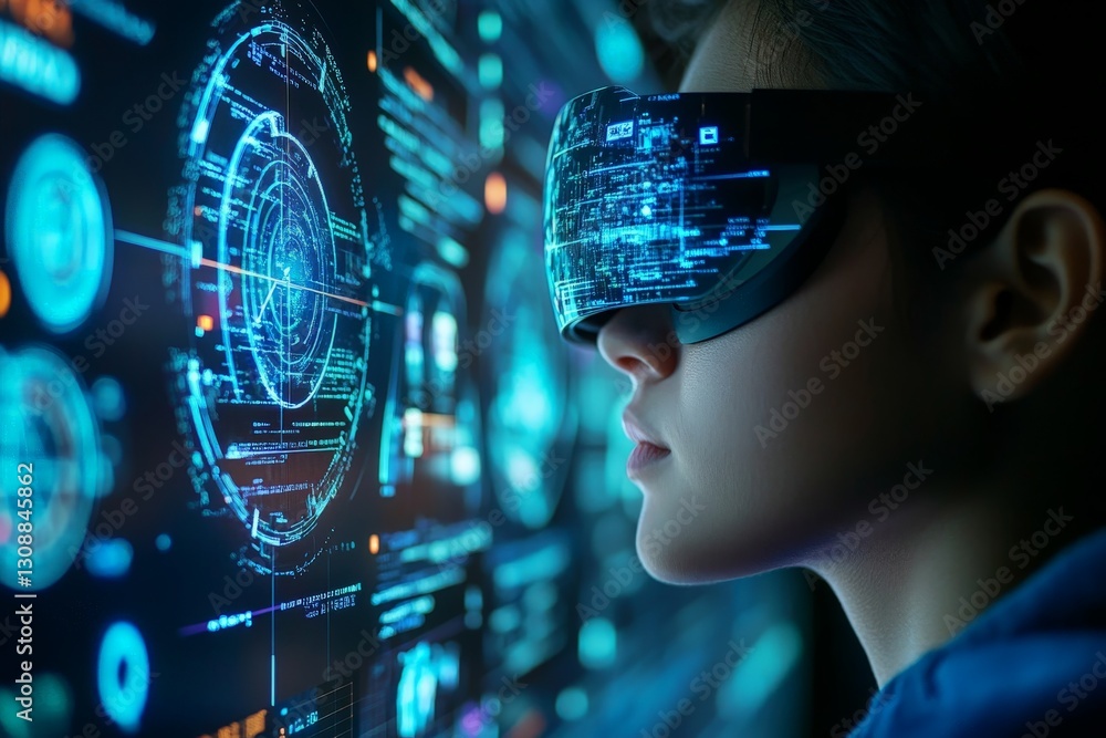 Aufkleber Female user explores virtual reality technology in a futuristic setting with holographic displays