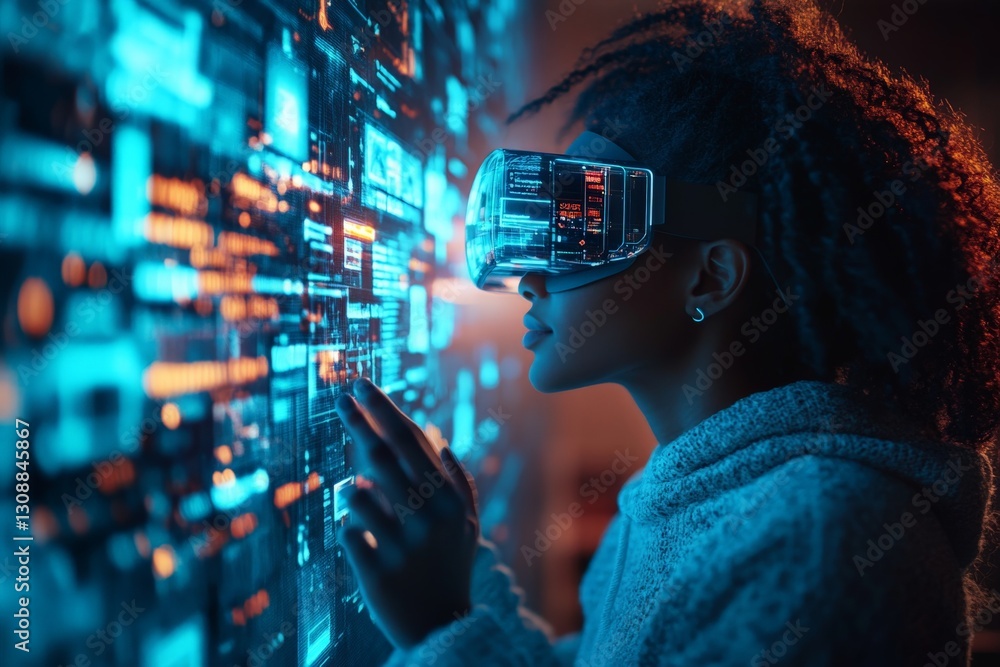 Poster exploring virtual reality technology in a futuristic environment with a focused individual