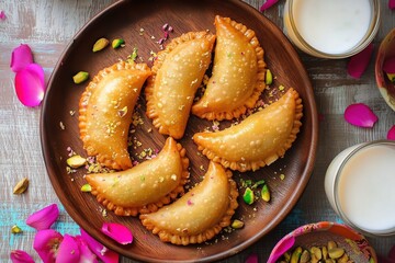 Golden Crispy Gujiya with Khoya Filling on Festive Holi Setup with Colors and Thandai