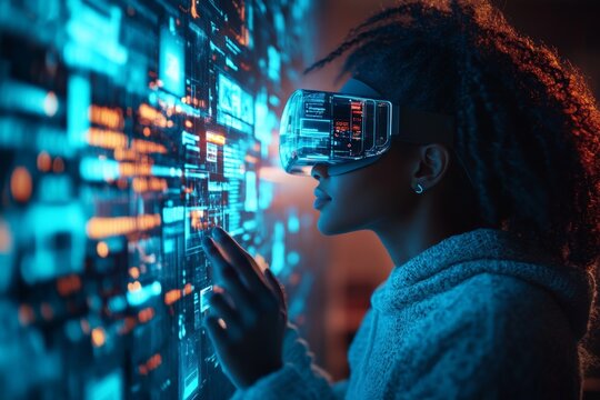 Exploring virtual reality technology in a futuristic environment with a focused individual