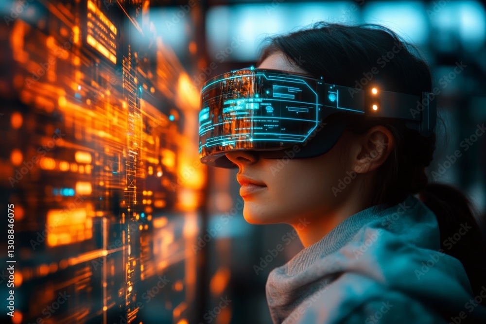Poster woman wearing futuristic virtual reality headset in a high-tech environment while exploring digital 