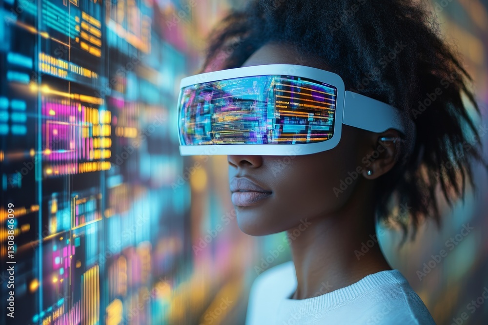 Poster innovative woman experiences virtual reality technology in futuristic environment with data visuals