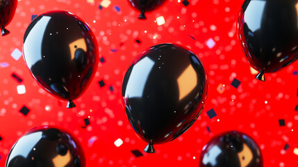 Shiny black balloons floating against a vibrant red background with colorful confetti creating a festive and celebratory atmosphere