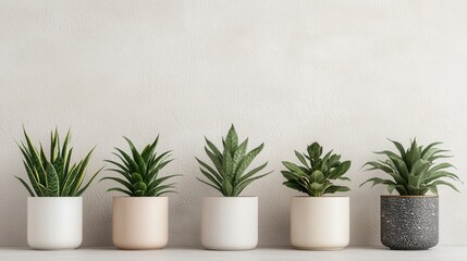 Modern Indoor Planters with Various Green Plants Displayed on Minimalist Background for Home Decor Inspiration