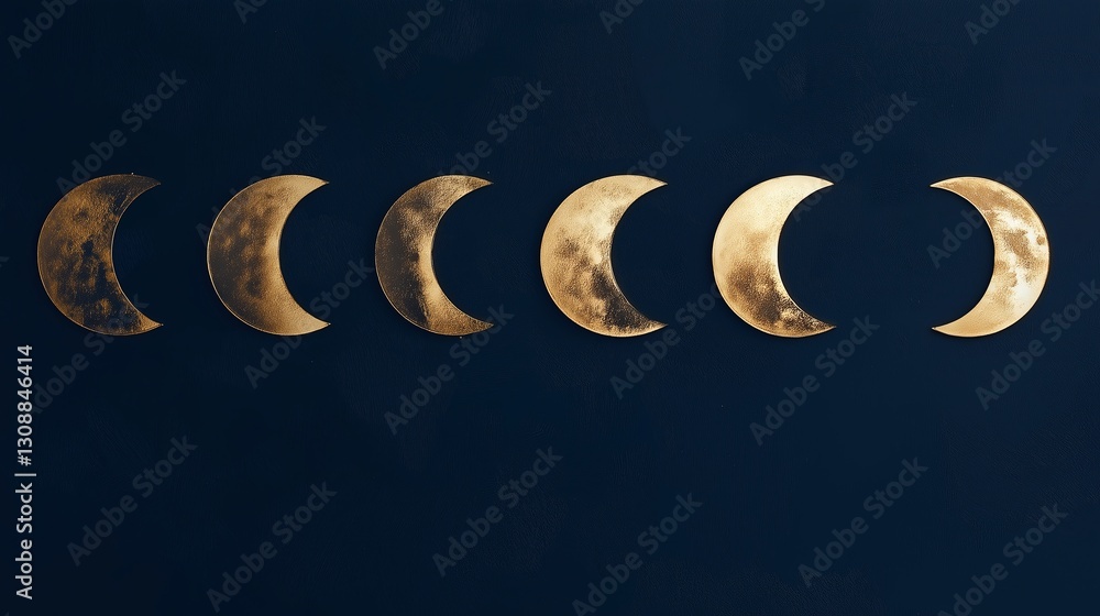 Poster a minimalist moon phase sequence in gold foil on deep navy