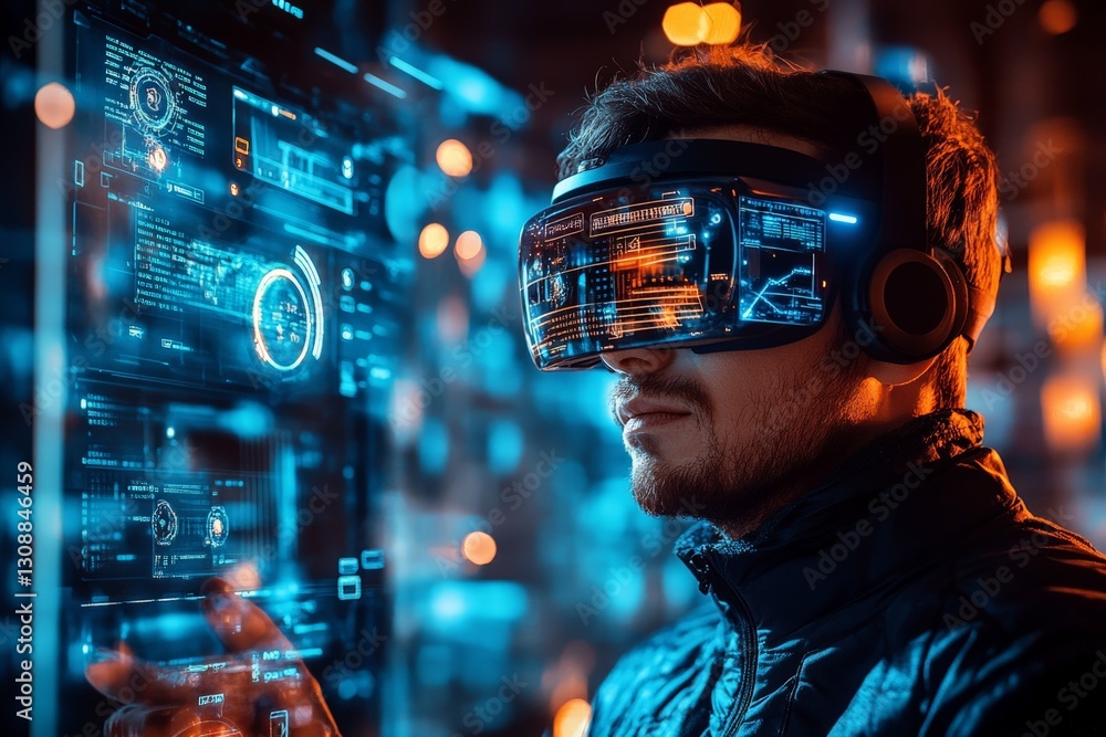 Poster User immersed in virtual reality exploring futuristic digital interface at night in a tech environment