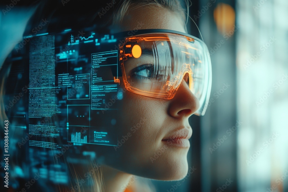 Poster futuristic technology inspires innovation as a person engages with augmented reality in a modern set