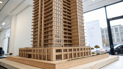 Modern architectural model of a wooden high-rise building in a bright space