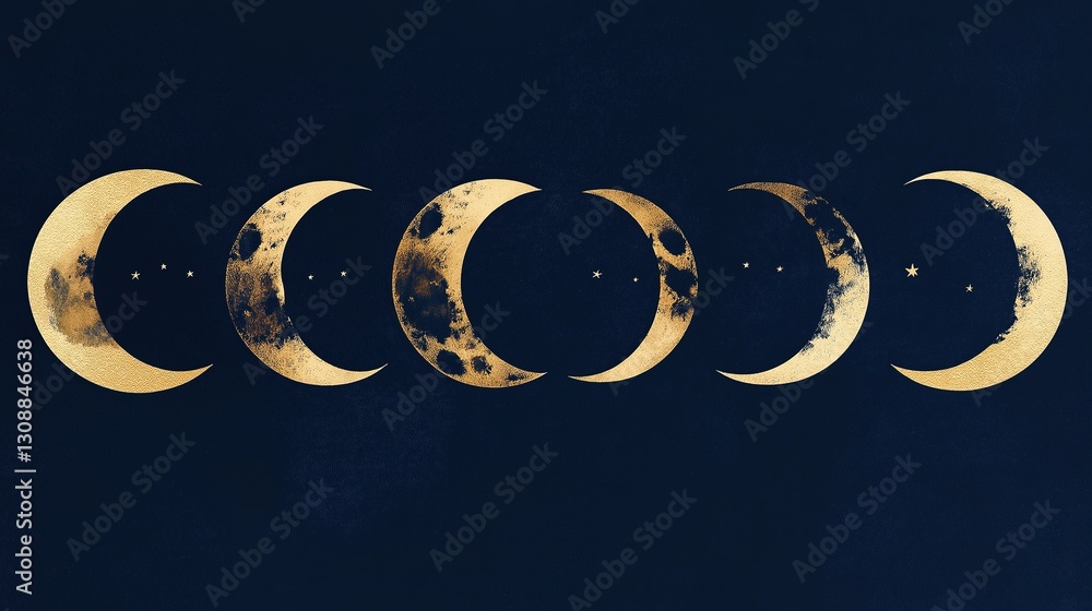 Poster a minimalist moon phase sequence in gold foil on deep navy