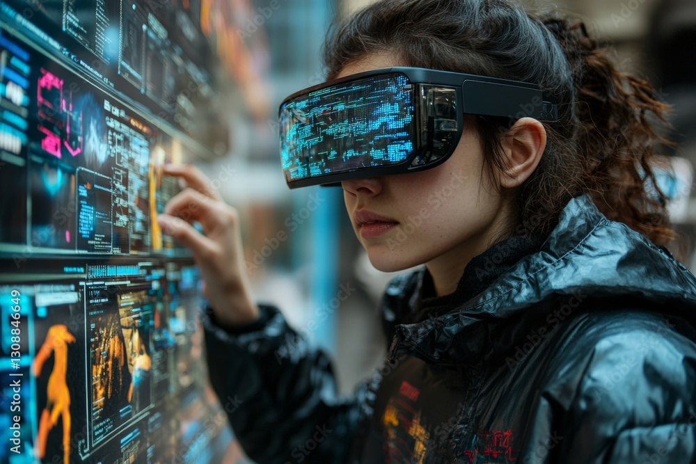 Poster young woman engages with interactive digital display using virtual reality headset in a modern urban