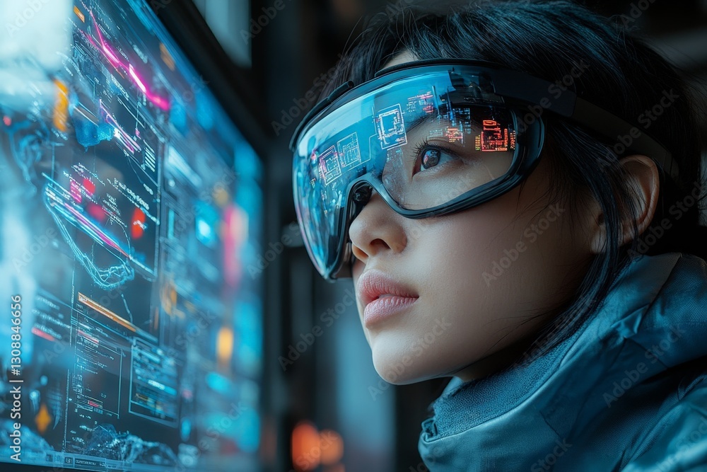 Poster young woman using augmented reality glasses while analyzing data on a computer screen in a high-tech