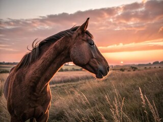A brown horse standing in the warm glow of the sunset