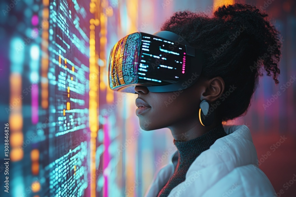Poster Woman wearing virtual reality headset interacts with digital data display in a high-tech environment at night