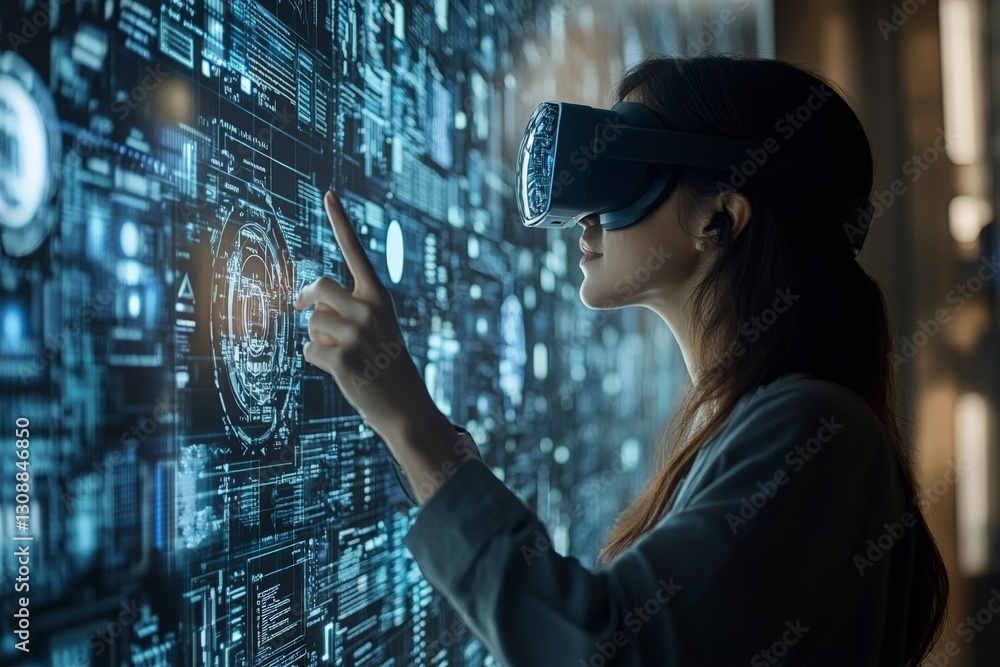 Poster Person engages with holographic interface while wearing virtual reality headset in a modern tech space
