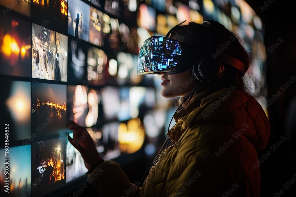 Aufkleber person wearing virtual reality headset interacting with digital screen displaying various images at 