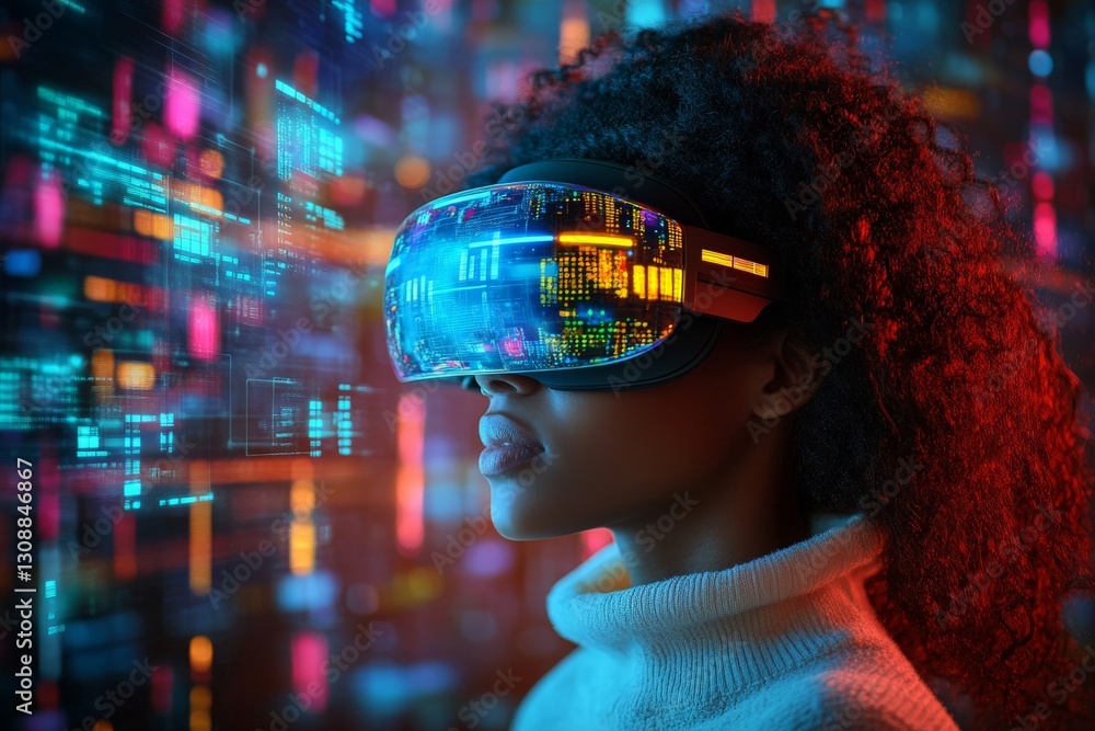 Aufkleber exploring virtual reality in a vibrant digital environment during nighttime