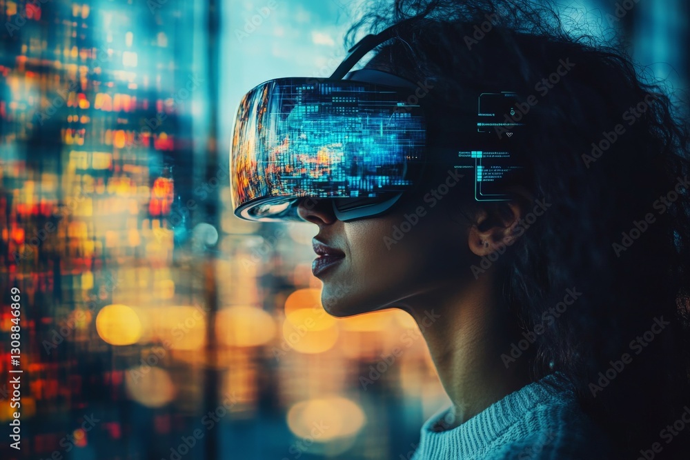 Poster female user explores virtual reality in a modern cityscape at night, showcasing digital interfaces a