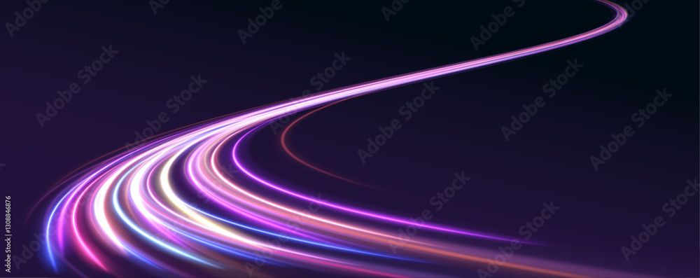 Poster abstract image of speed motion on the road. dark blue abstract background with ultraviolet neon glow