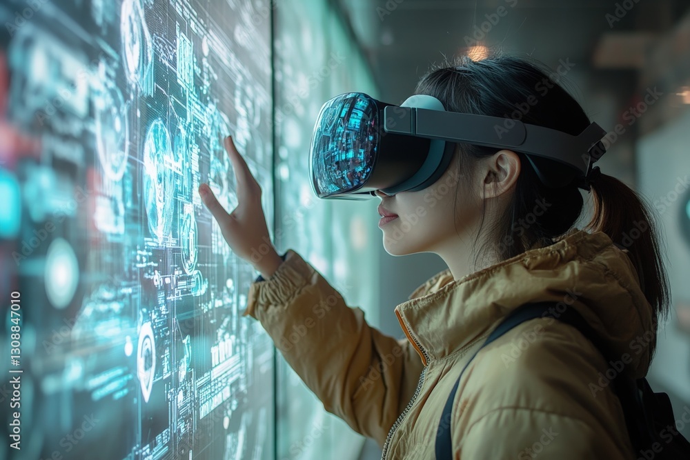 Poster young woman experiencing virtual reality in a technology exhibit while interacting with a digital in