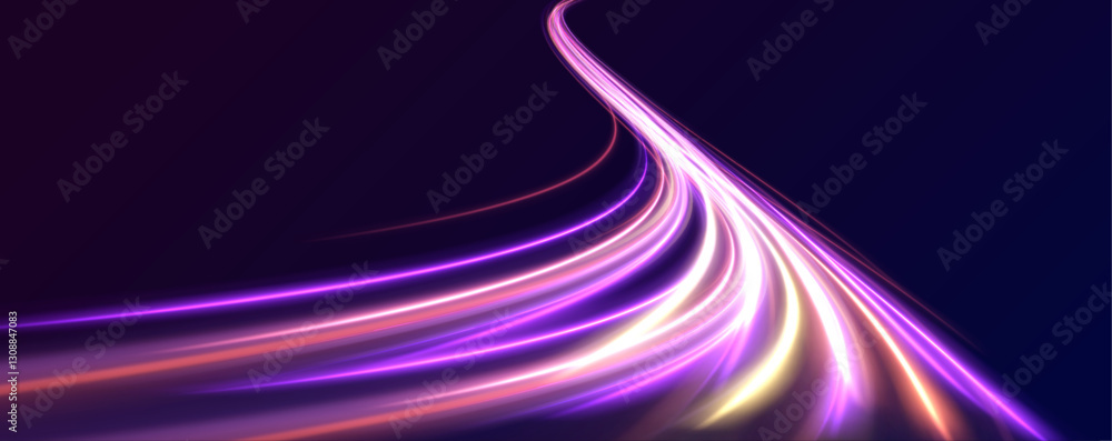 Poster modern abstract high-speed light motion effect on black background, creatively illustrating a flying