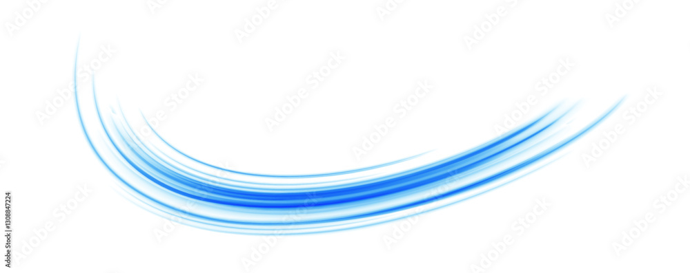 Poster Vector png blue glowing lines air flow effect. Wavy transparent curved lines in the form of a blue wave, dynamically flowing sea water in a large set of different contour shapes.