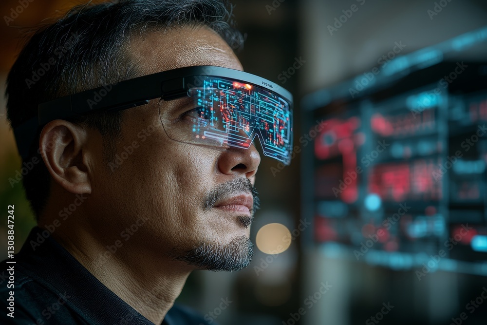 Leinwandbilder man wearing augmented reality glasses while working on digital interface in a modern office environm