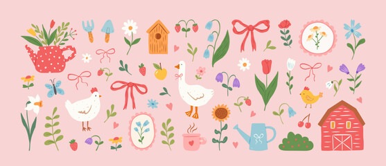 Cute cottagecore illustrations. Hand drawn flowers, bows, barn, goose, chicken,butterfly, garden tools, birdhouse. Gardening and country lifestyle. Spring summer stickers. Vector flat illustration.