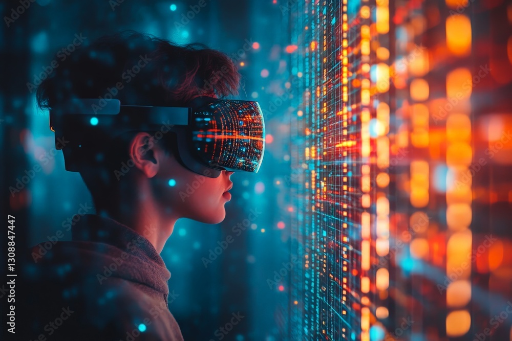 Aufkleber virtual reality exploration in a futuristic digital environment with vibrant colors and data streams