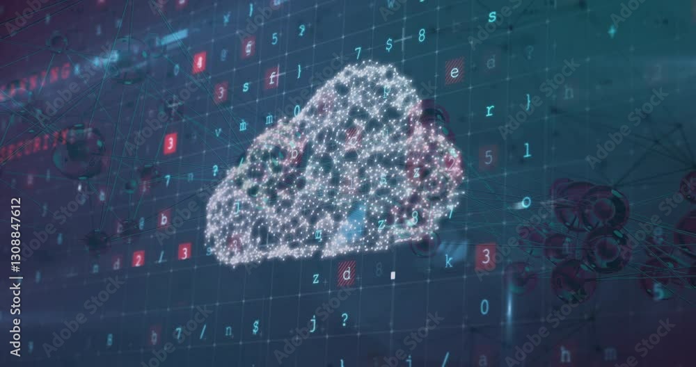 Poster animation of digital cloud with binary code on futuristic grid background