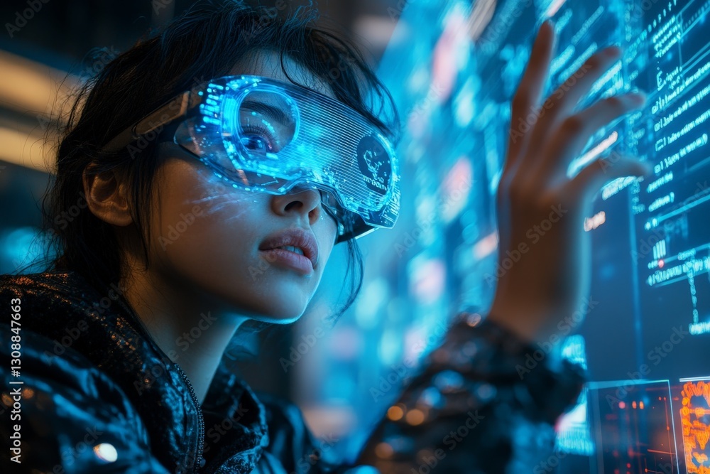 Poster immersive technology experience in a futuristic environment with a young woman using augmented reali
