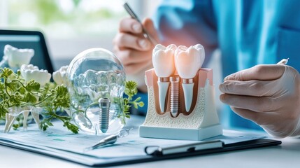 Dental implant model demonstration.  Expert examining a dental implant model