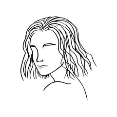 female wavy long bob hair, faceless portrait - line art drawing
