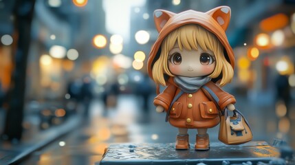 Chibi Figure with Cat-Eared Hoodie, standing on an urban street.