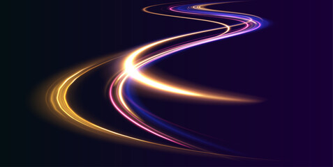 Rotating dynamic neon circle. Colored shiny sparks of spiral wave. Lines in the shape of a comet against a dark background. The effect of energy and speed. Vector.  © Mirotvoric