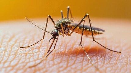 Close-up View of Mosquito on Skin with Detailed Texture and Natural Background in Soft Focus