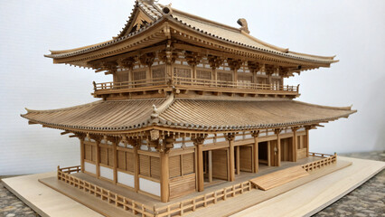 Fototapeta premium Traditional Japanese Wooden Temple Model with Intricate Details and Craftsmanship
