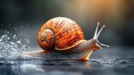 Snail in motion, water spray