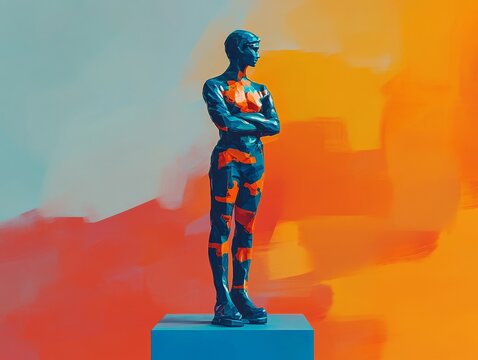Abstract Figure Study in Blue and Orange: A Contemplative Low-Poly Render on a Modern Backdrop