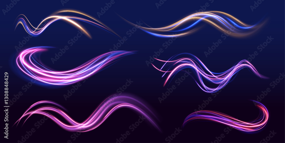 Poster neon swirls in a big set. vector glitter light fire flare trace. futuristic neon light effect. speed
